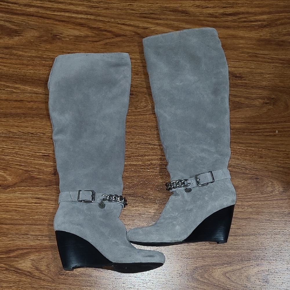 Gray Suede Knee-High Wedge Boots